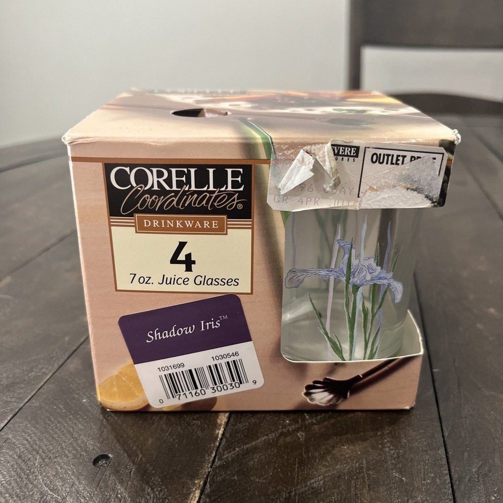 4 Corelle Cordinates SHADOW IRIS‎  7-oz JUICE GLASSES *Purple Floral 4"